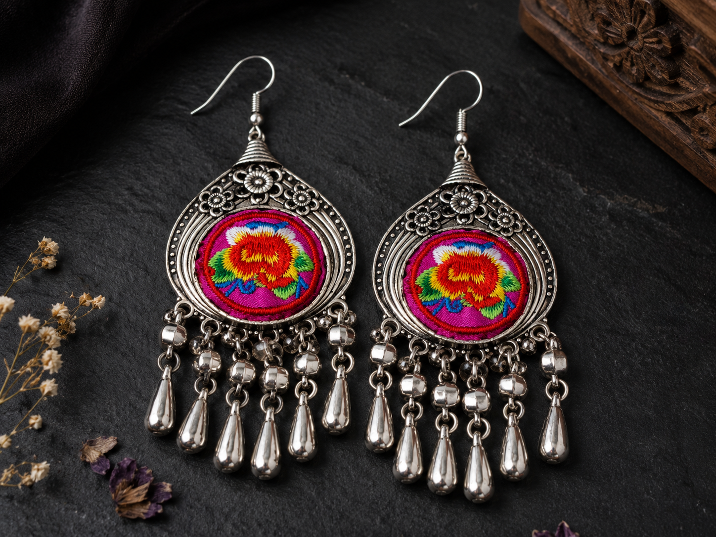 Miao Silver Flower Embroidery Earrings: Hmong Ethnic Dangle Earrings