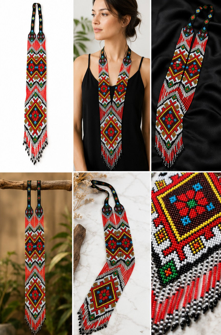 Handmade Tribal Beaded Statement Necklace – Colorful Boho Seed Bead Fringe Necklace – Ethnic Festival Jewelry – Unique Artisan Gift for Women