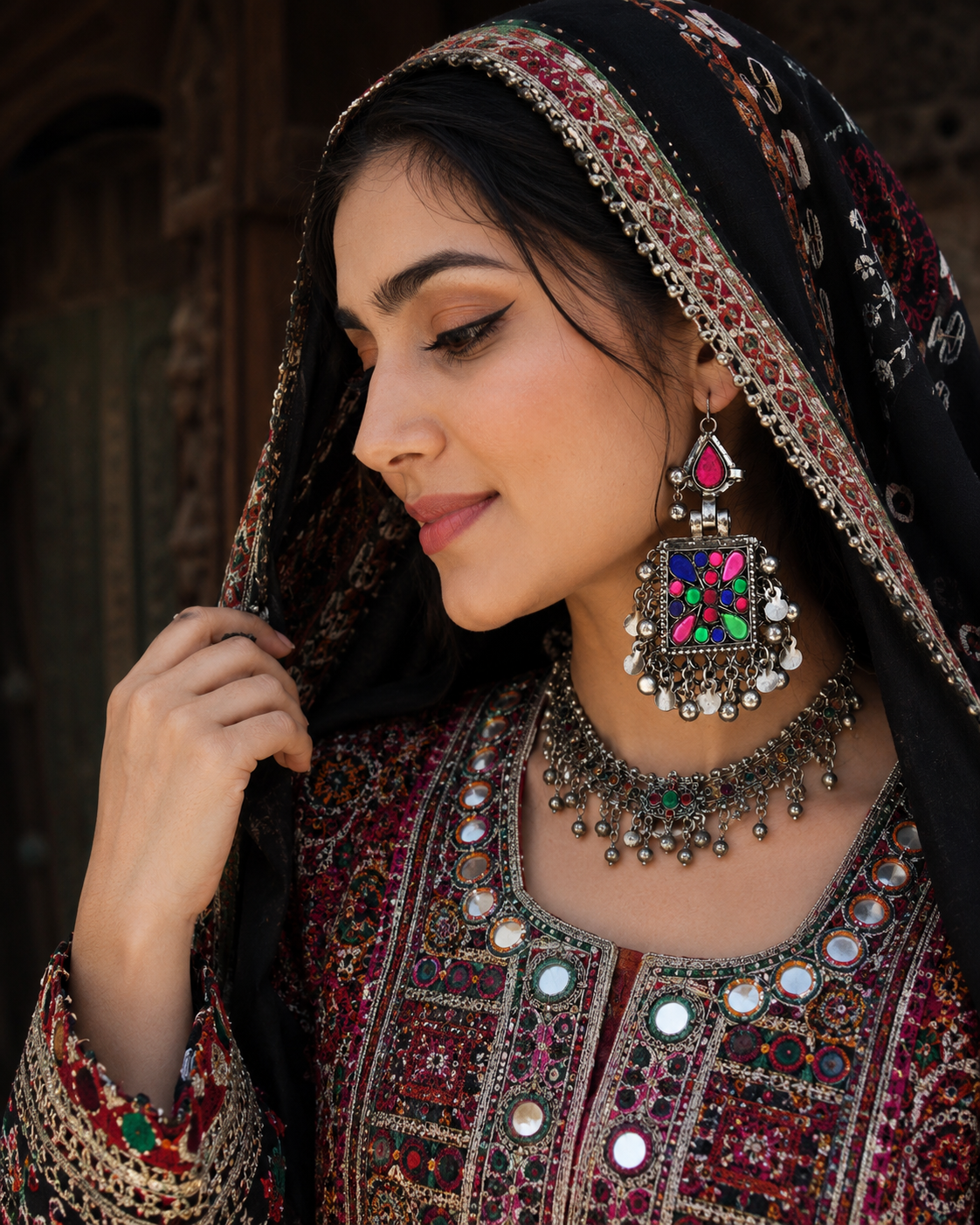Vintage Kuchi Earrings: Afghan Jeweled Silver Tone Boho Earrings
