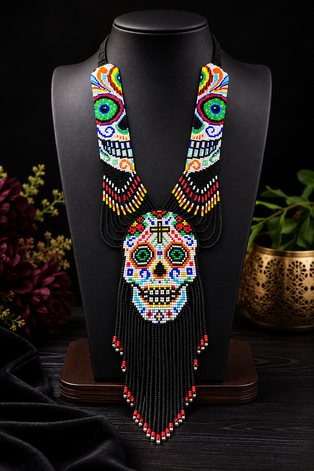 Handmade Sugar Skull Beaded Statement Necklace