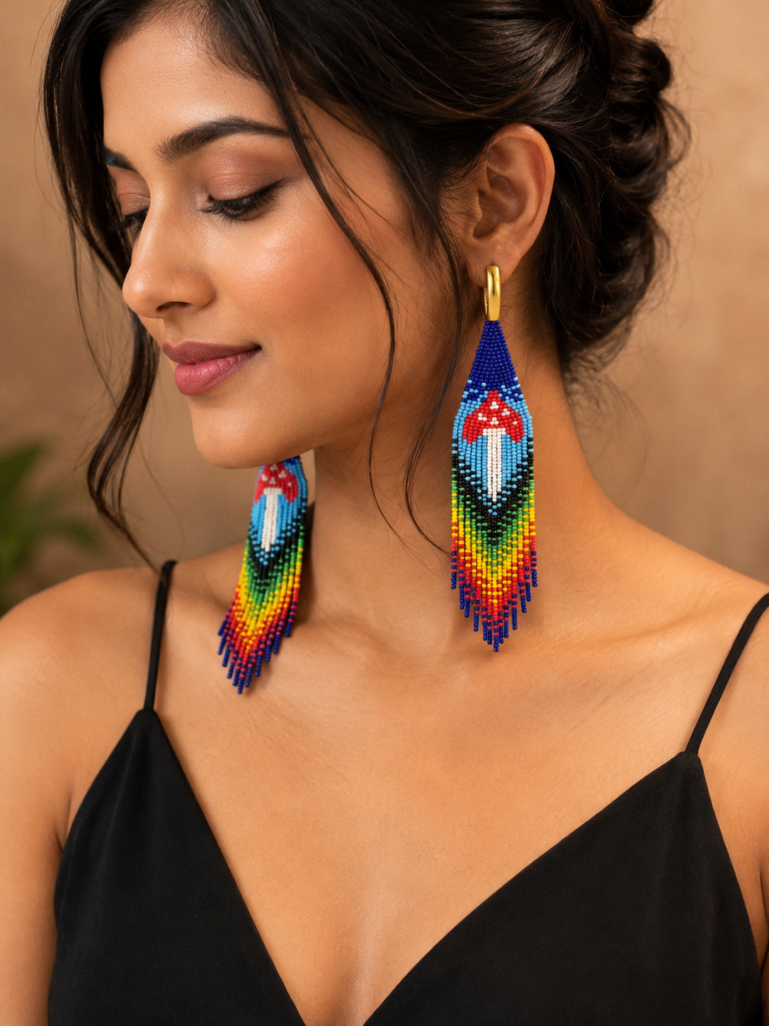 Beaded Mushroom Fringe Earrings: Toadstool Dangle Earrings