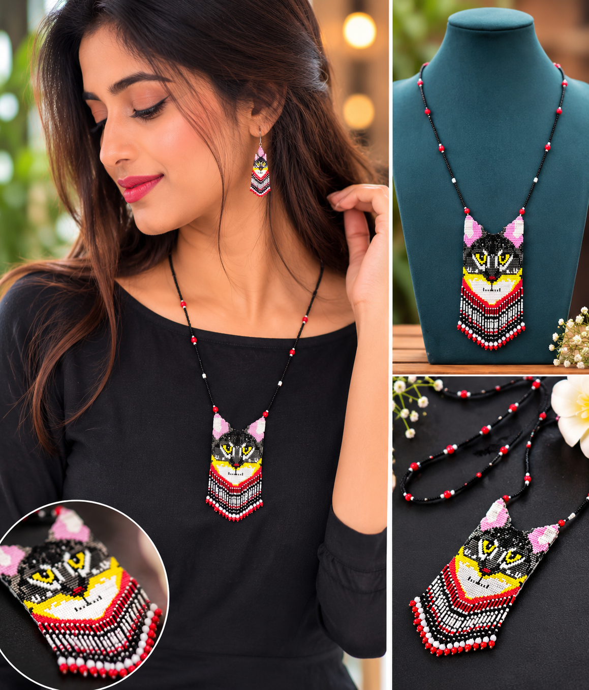 Handmade Beaded Cat Necklace: Halloween Jewelry