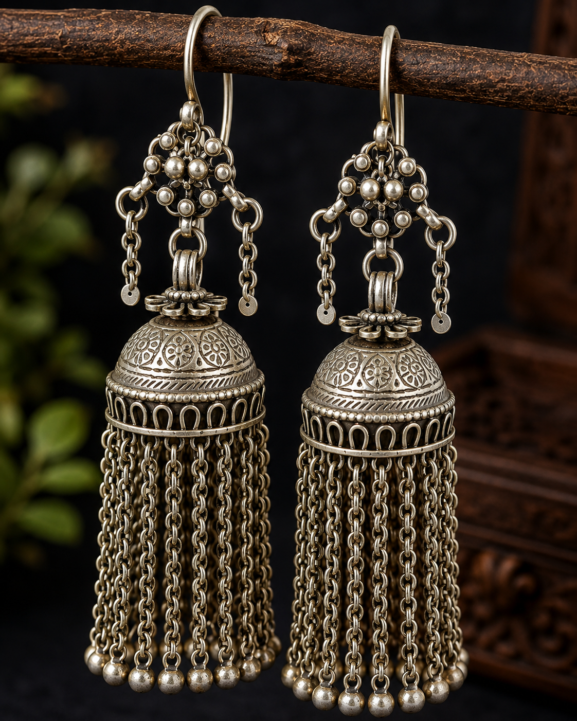 Vintage Silver Jhumka Tassel Earrings | Boho Ethnic Indian Dangle Earrings for Women