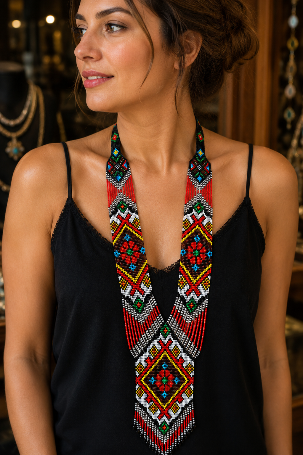 Handmade Tribal Beaded Statement Necklace – Colorful Boho Seed Bead Fringe Necklace – Ethnic Festival Jewelry – Unique Artisan Gift for Women
