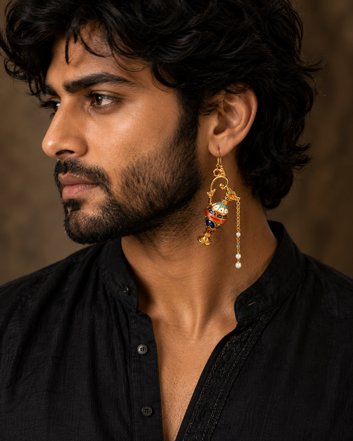 Aftaba Vintage-Style Enamel Pitcher Earrings with Seed Pearl Tassels