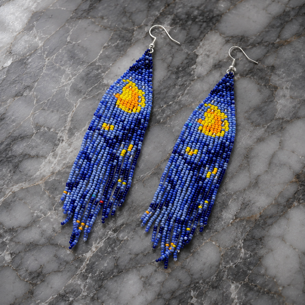 Long Fringe Crescent Beaded Earrings