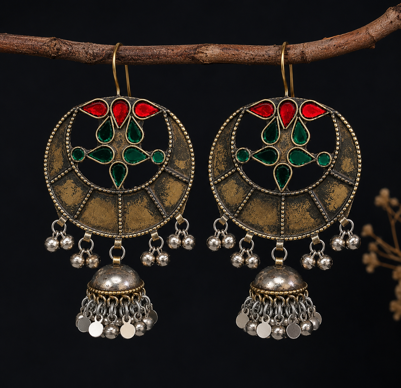 Vintage Afghani Jhumka Earrings: Crescent Shape German Silver
