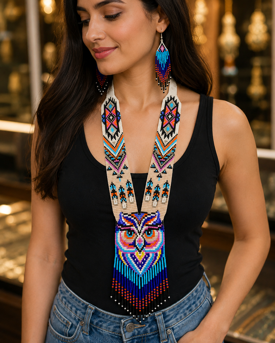 Handmade Beaded Owl Necklace & Earrings Set