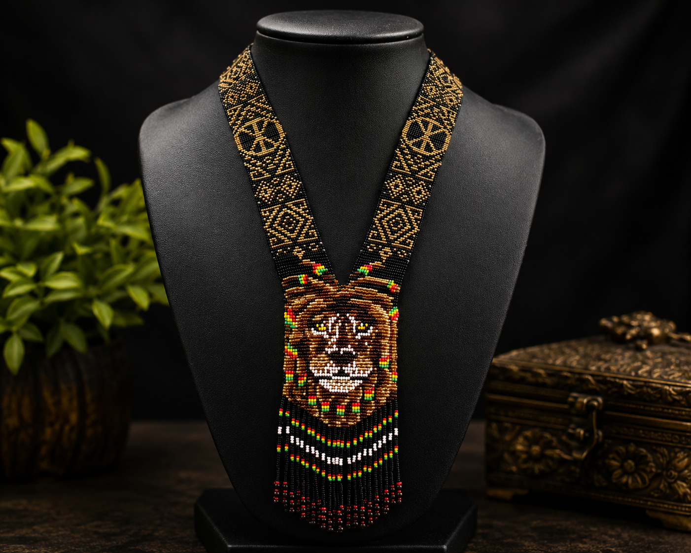 Handmade Beaded Lion Necklace: Ethnic Woven Pendant