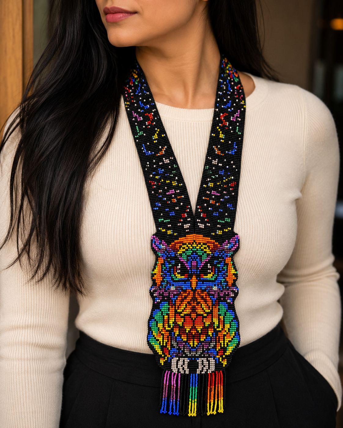 Handmade Beaded Rainbow Owl Necklace: Whimsical Boho Jewelry