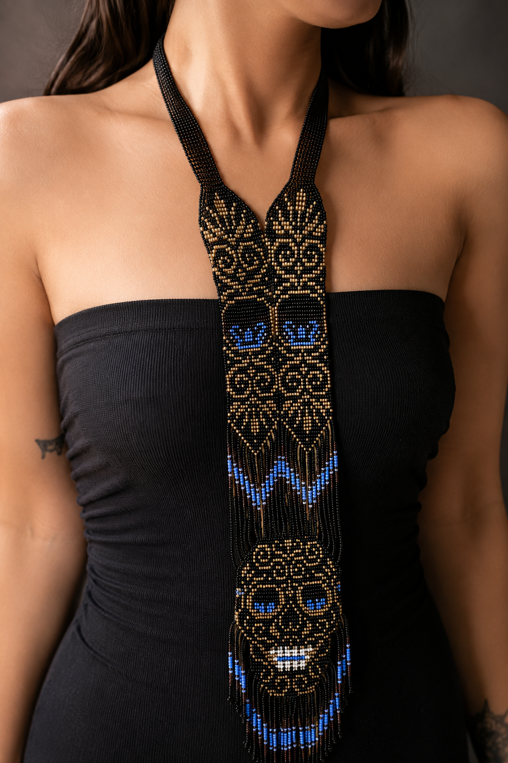 Handmade Skull Beaded Necklace: Tribal Fringe Statement Jewelry