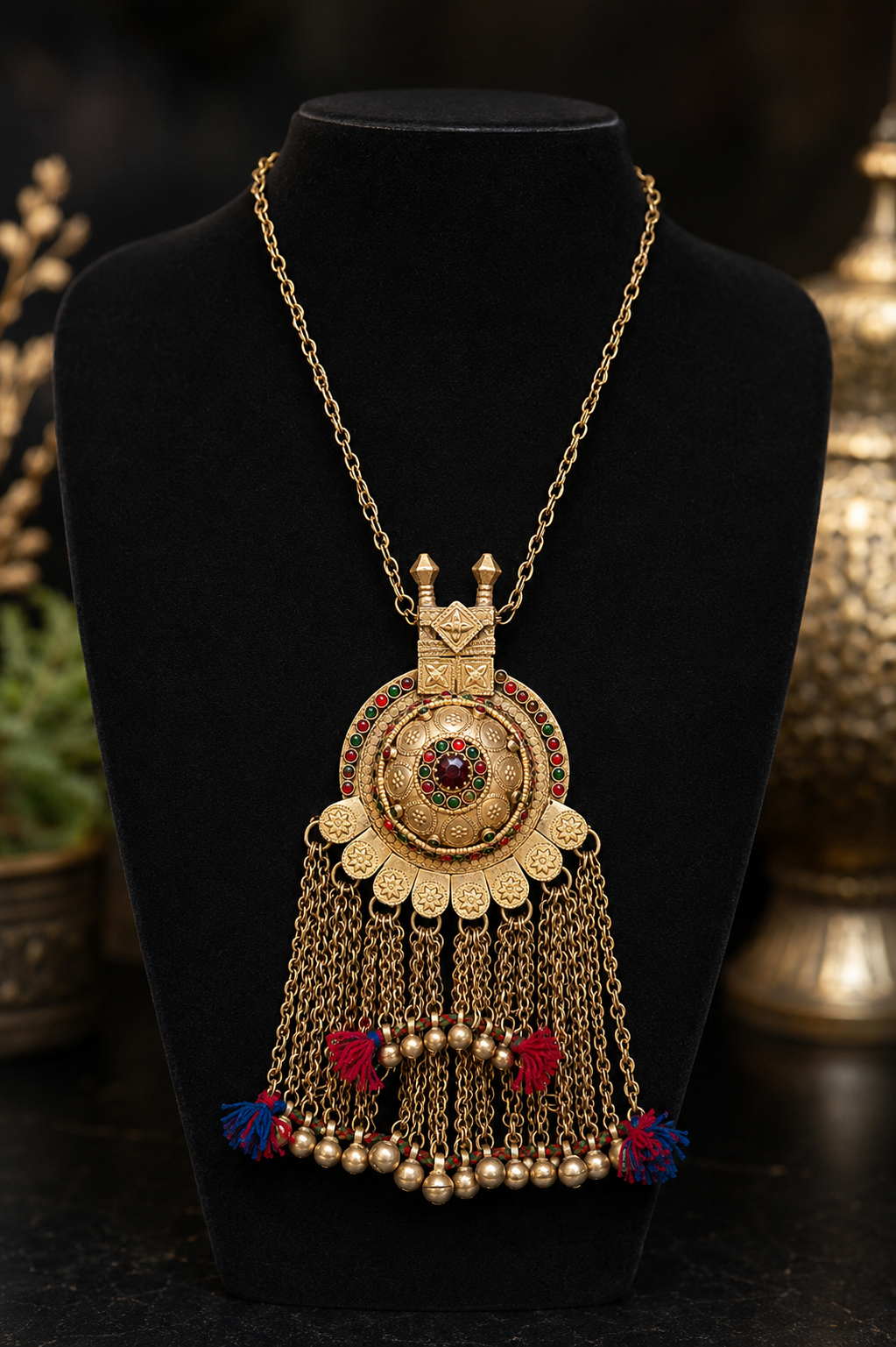Vintage Afghan Tribal Tassel Pendant Necklace – Antique Gold Boho Ethnic Statement Jewelry for Women