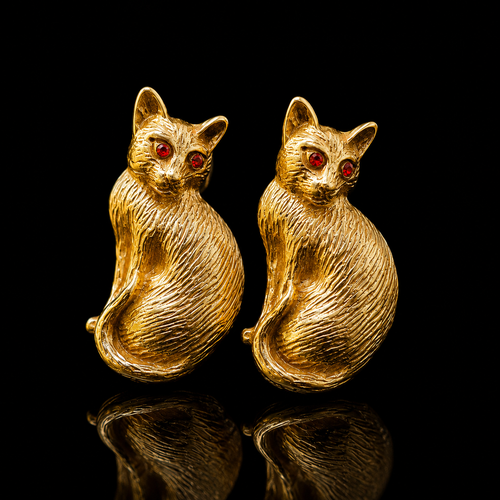14k Gold Plated Cat Stud Earrings: Red Rhinestone Eye