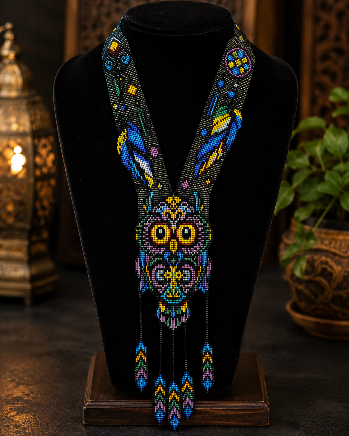 Handmade Beaded Owl Necklace: Long Statement Jewelry