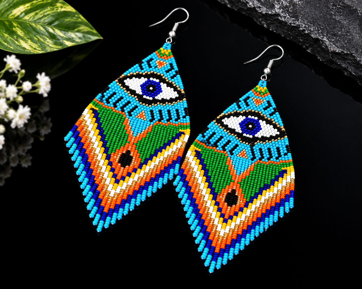 Handmade Evil Eye Seed Bead Earrings: Long Fringe Dangle Jewelry