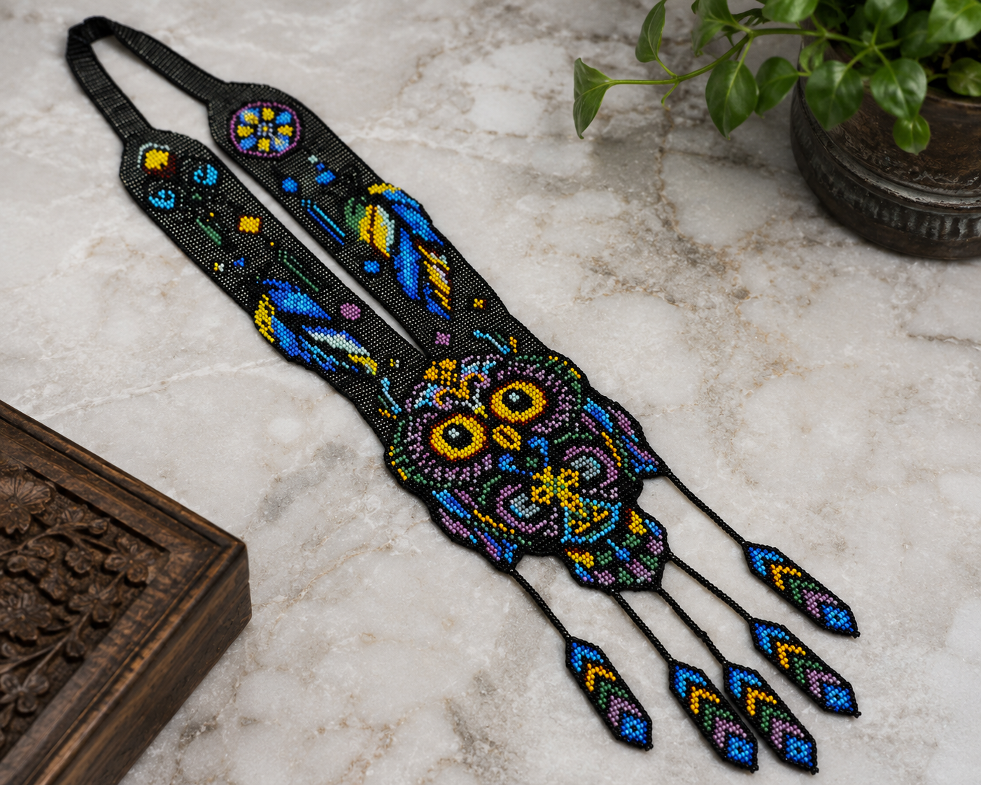 Handmade Beaded Owl Necklace: Long Statement Jewelry