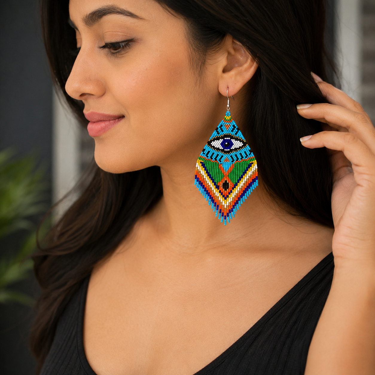 Handmade Evil Eye Seed Bead Earrings: Long Fringe Dangle Jewelry
