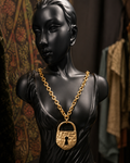Vintage Gold Padlock Statement Necklace – Engraved Lighthouse & Keyhole Chunky Chain Pendant