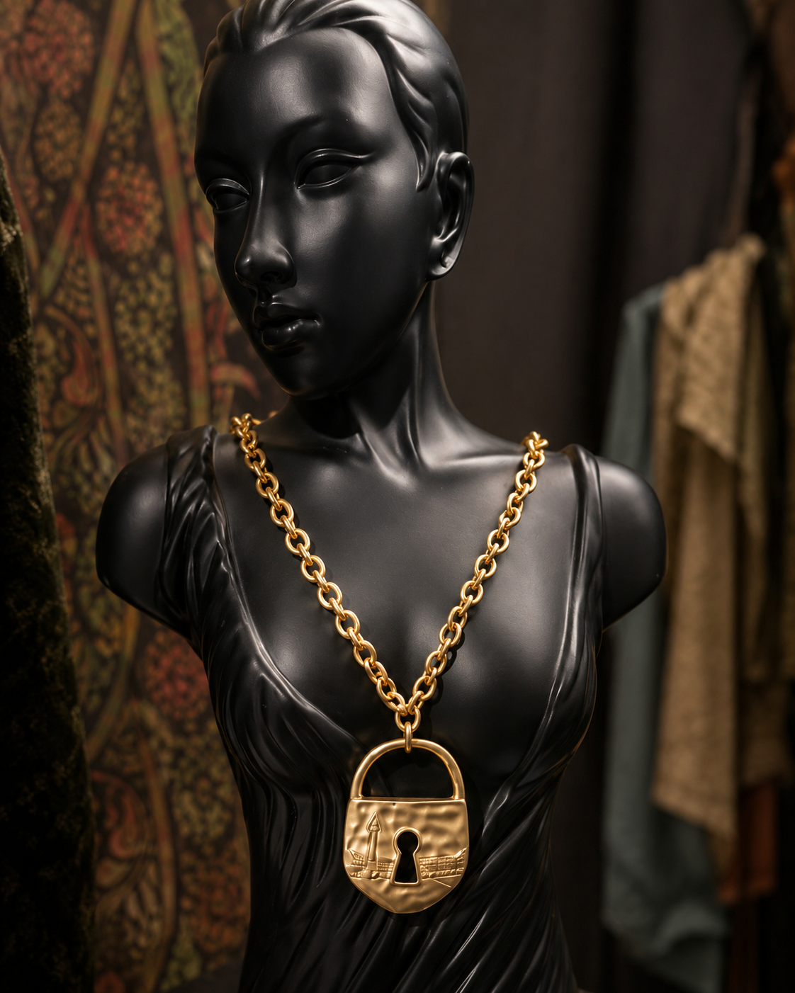Vintage Gold Padlock Statement Necklace – Engraved Lighthouse & Keyhole Chunky Chain Pendant