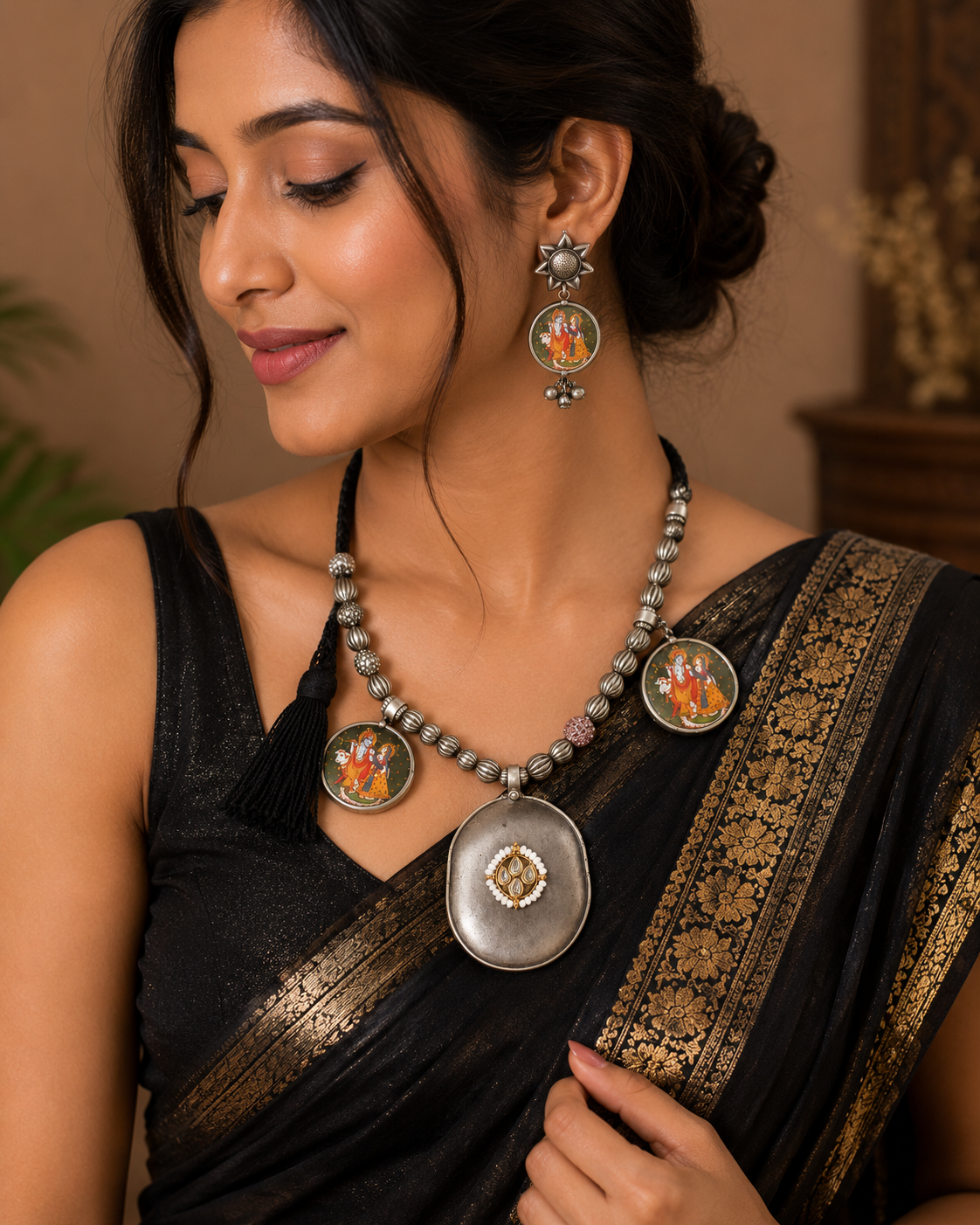 Handmade Krishna Radha Choker Necklace & Earrings Set