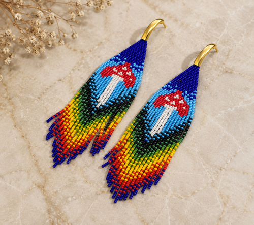 Beaded Mushroom Fringe Earrings: Toadstool Dangle Earrings
