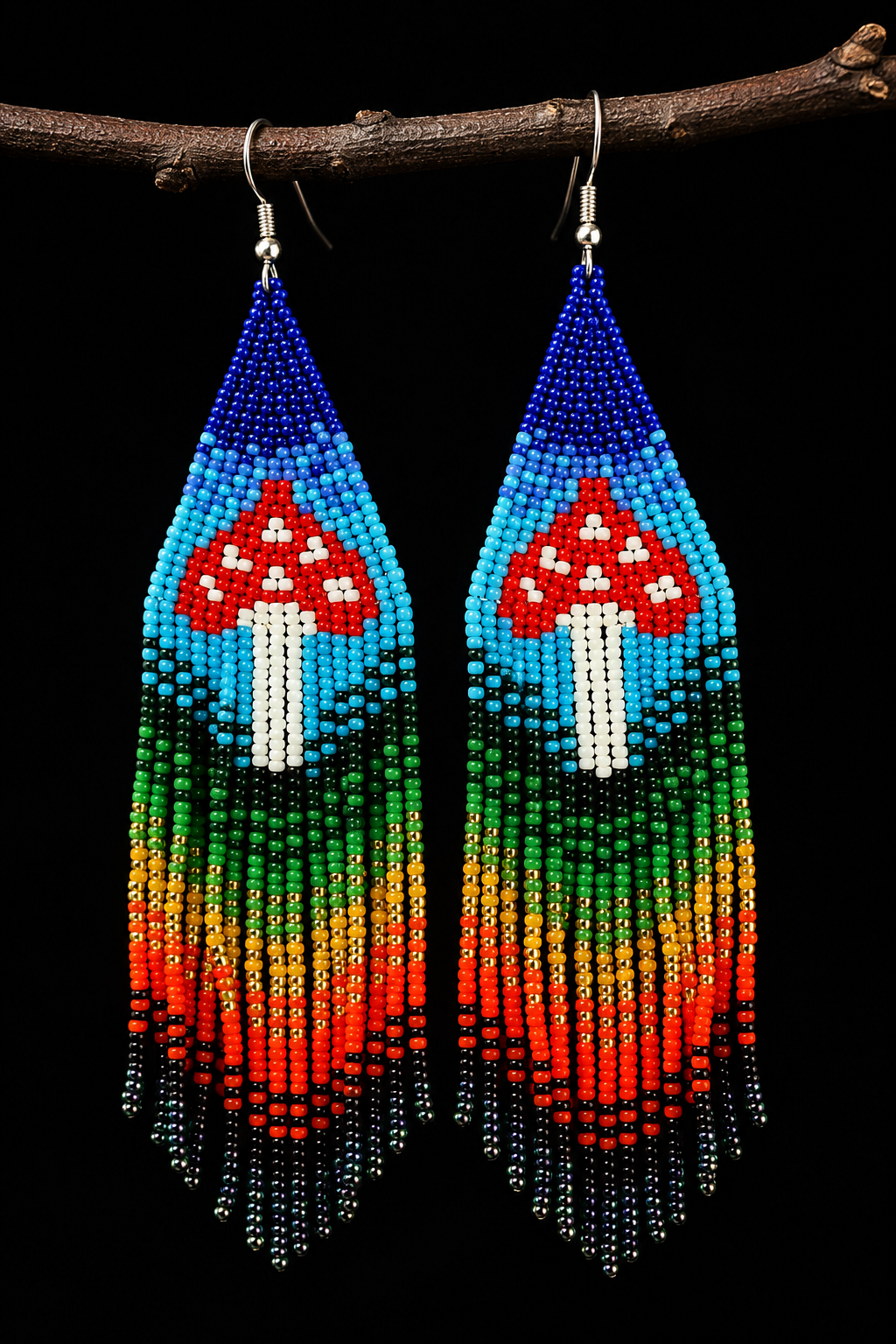 Beaded Mushroom Fringe Earrings: Toadstool Dangle Earrings