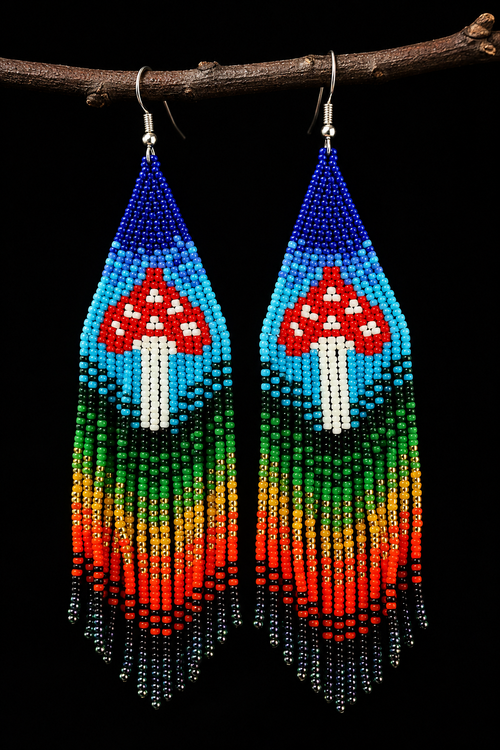 Beaded Mushroom Fringe Earrings: Toadstool Dangle Earrings