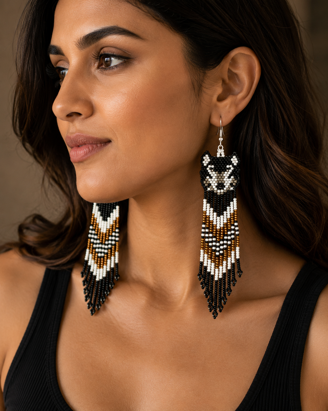 Handmade Wolf Beaded Fringe Earrings: Native Style Statement