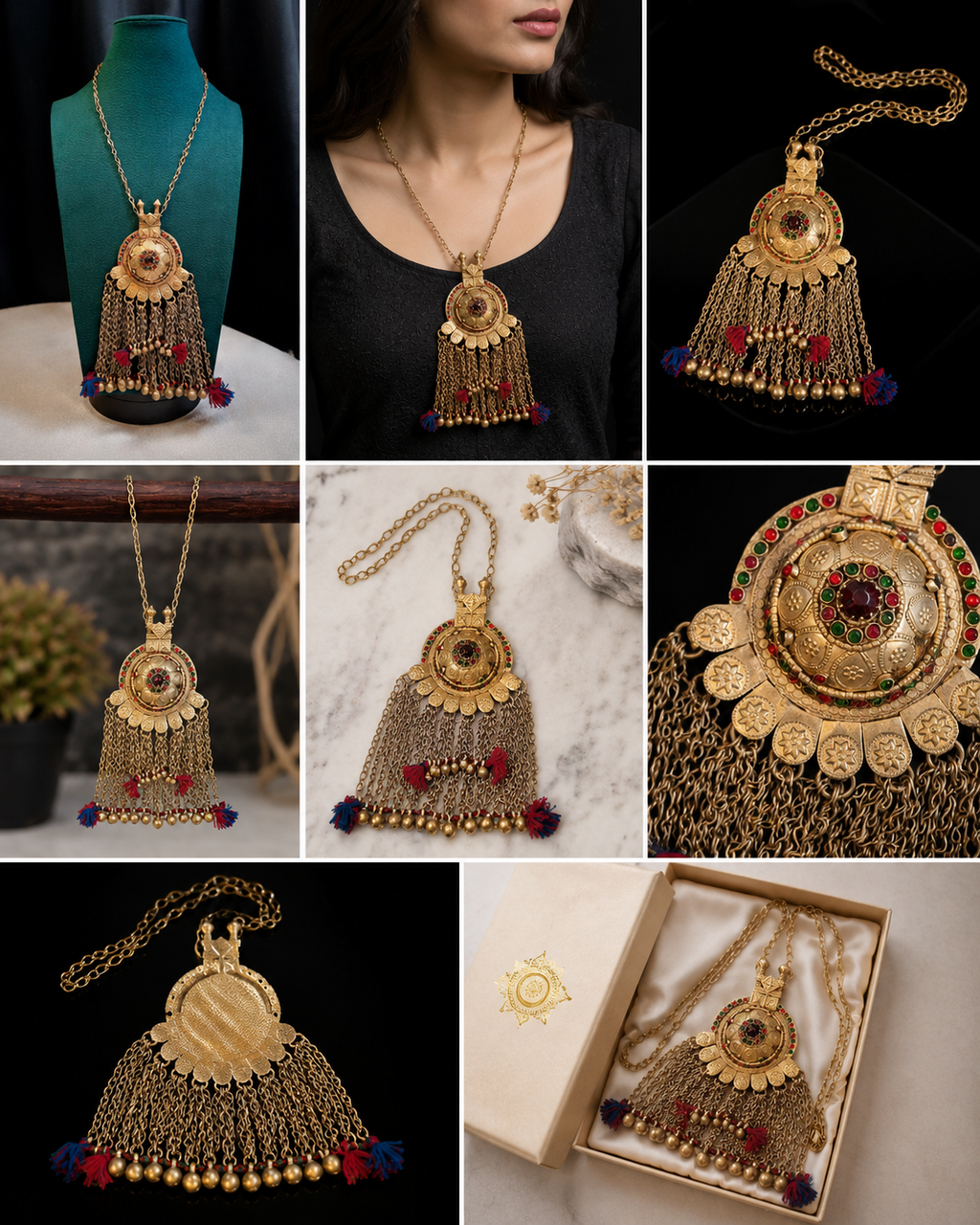 Vintage Afghan Tribal Tassel Pendant Necklace – Antique Gold Boho Ethnic Statement Jewelry for Women
