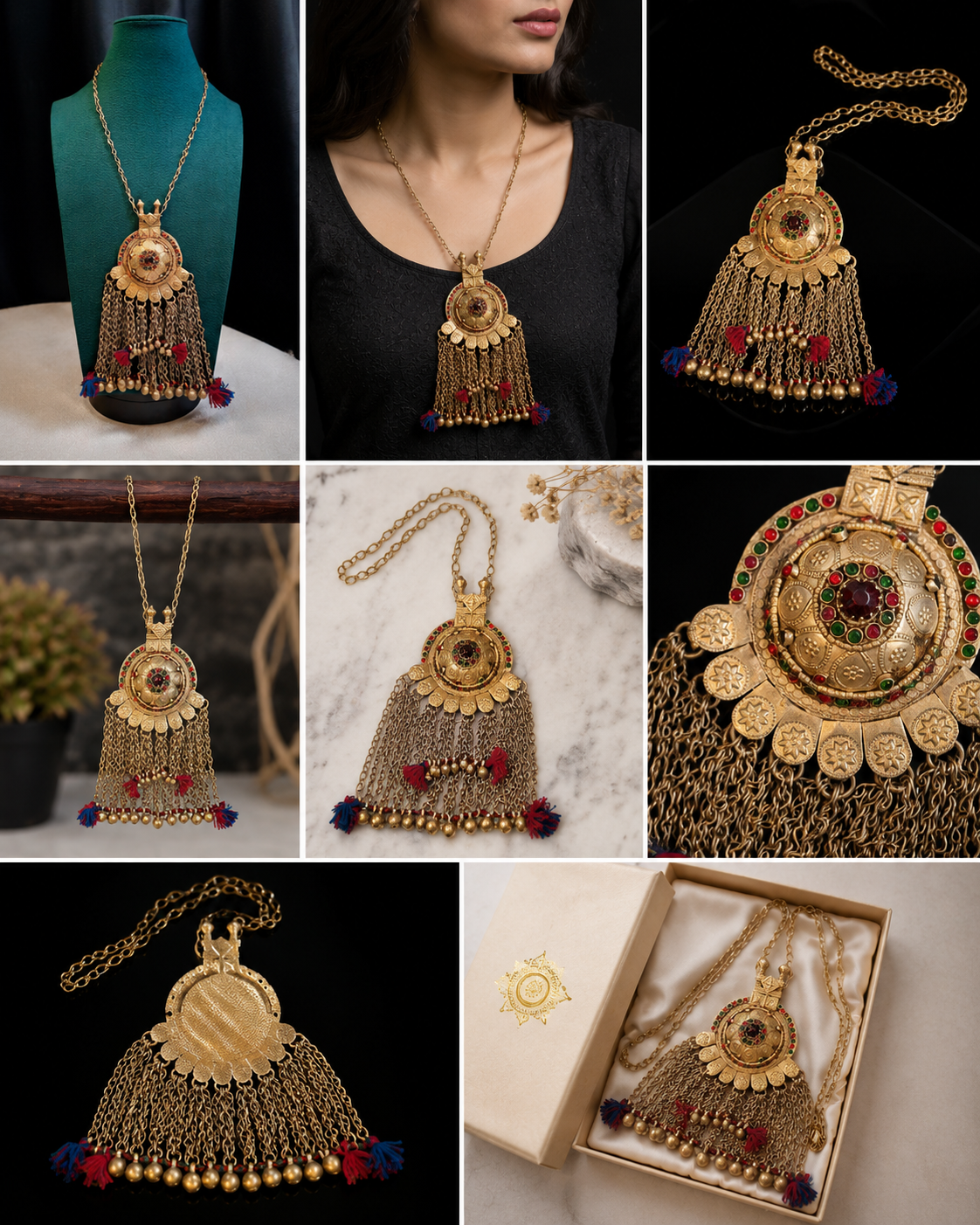 Vintage Afghan Tribal Tassel Pendant Necklace – Antique Gold Boho Ethnic Statement Jewelry for Women