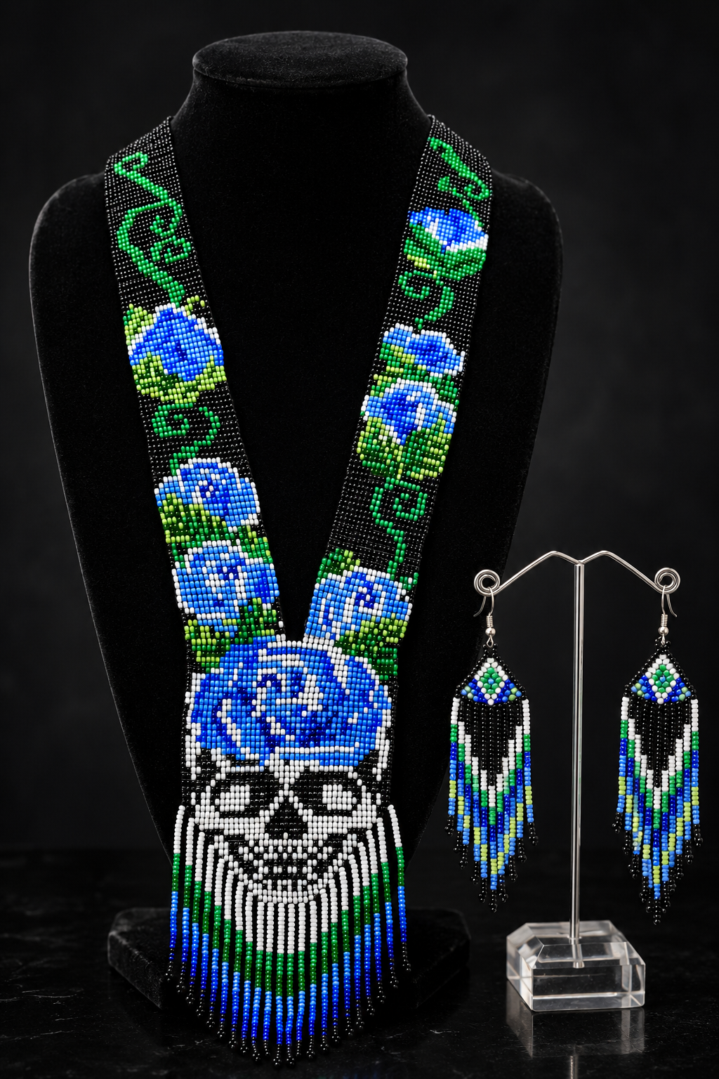 Blue Rose Skull Beaded Necklace: Gothic Statement Jewelry