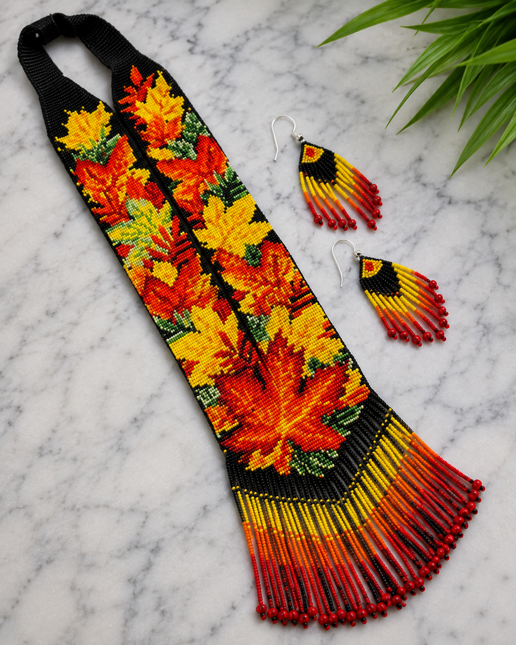Handmade Autumn Maple Leaf Beaded Necklace & Tassel Earrings Set