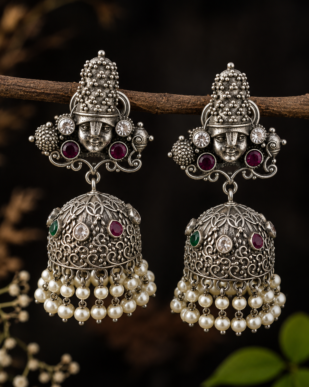 Vishnu Silver Earrings: Pearl Jhumka, Indian God Jewelry