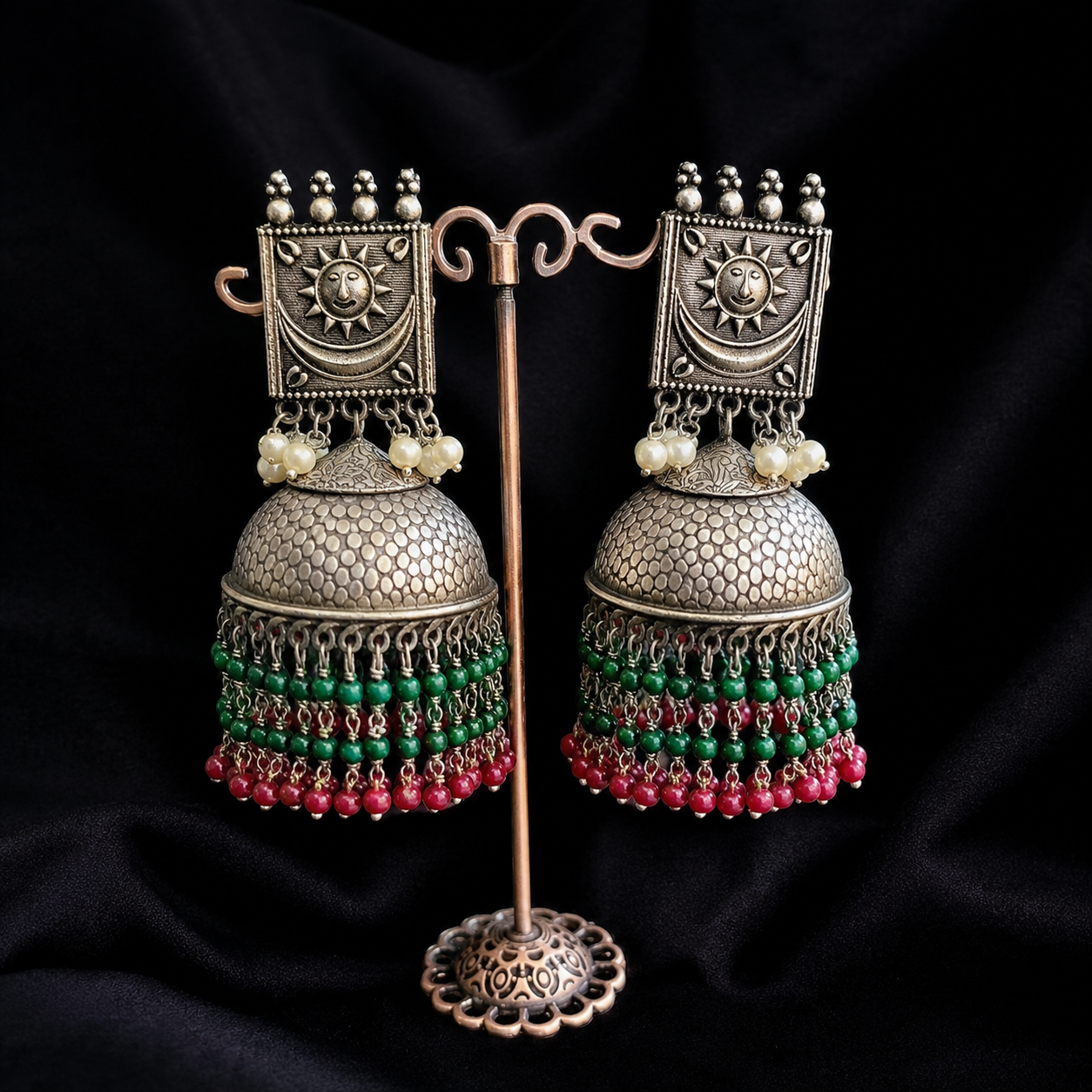 Indian Jhumka Earrings: Sun Motif, Vintage Silver Finish