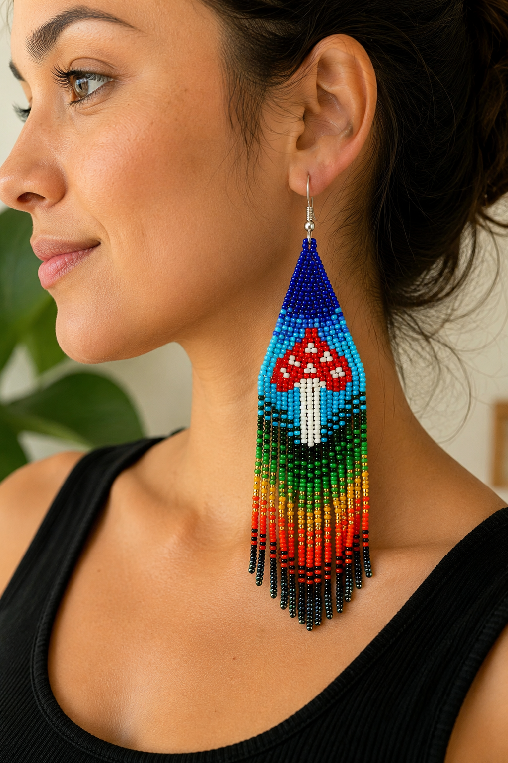 Beaded Mushroom Fringe Earrings: Toadstool Dangle Earrings