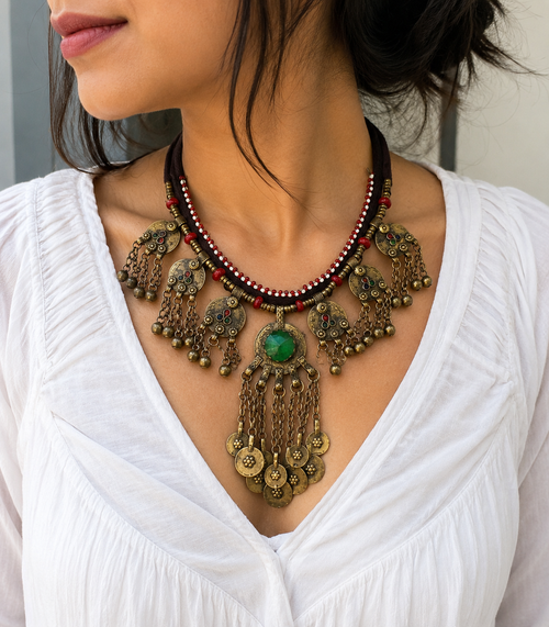 Afghan Coin Tassel Necklace: Vintage Tribal Pendant