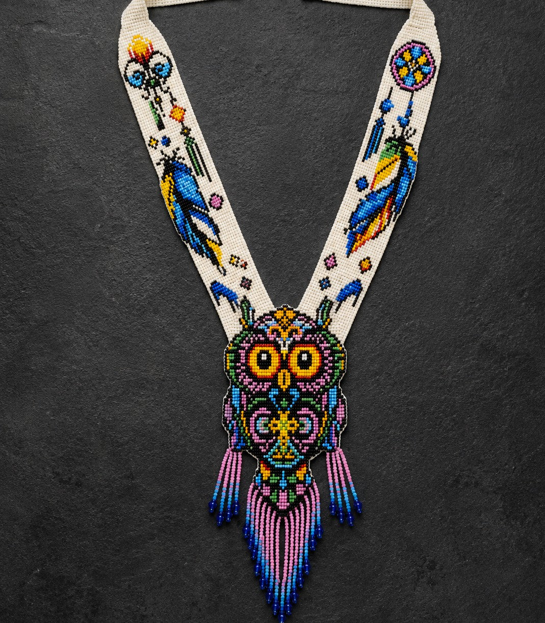 Handmade Beaded Owl Necklace: Long Statement Jewelry