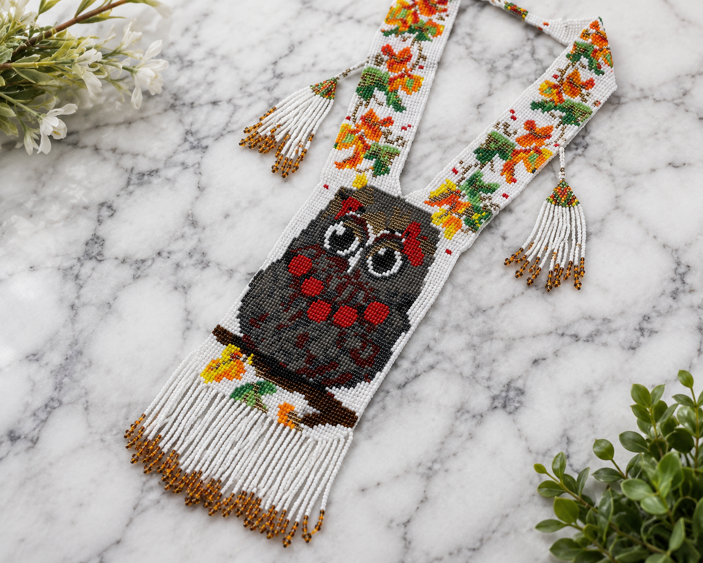 Handmade Beaded Owl Necklace: Long Statement Jewelry
