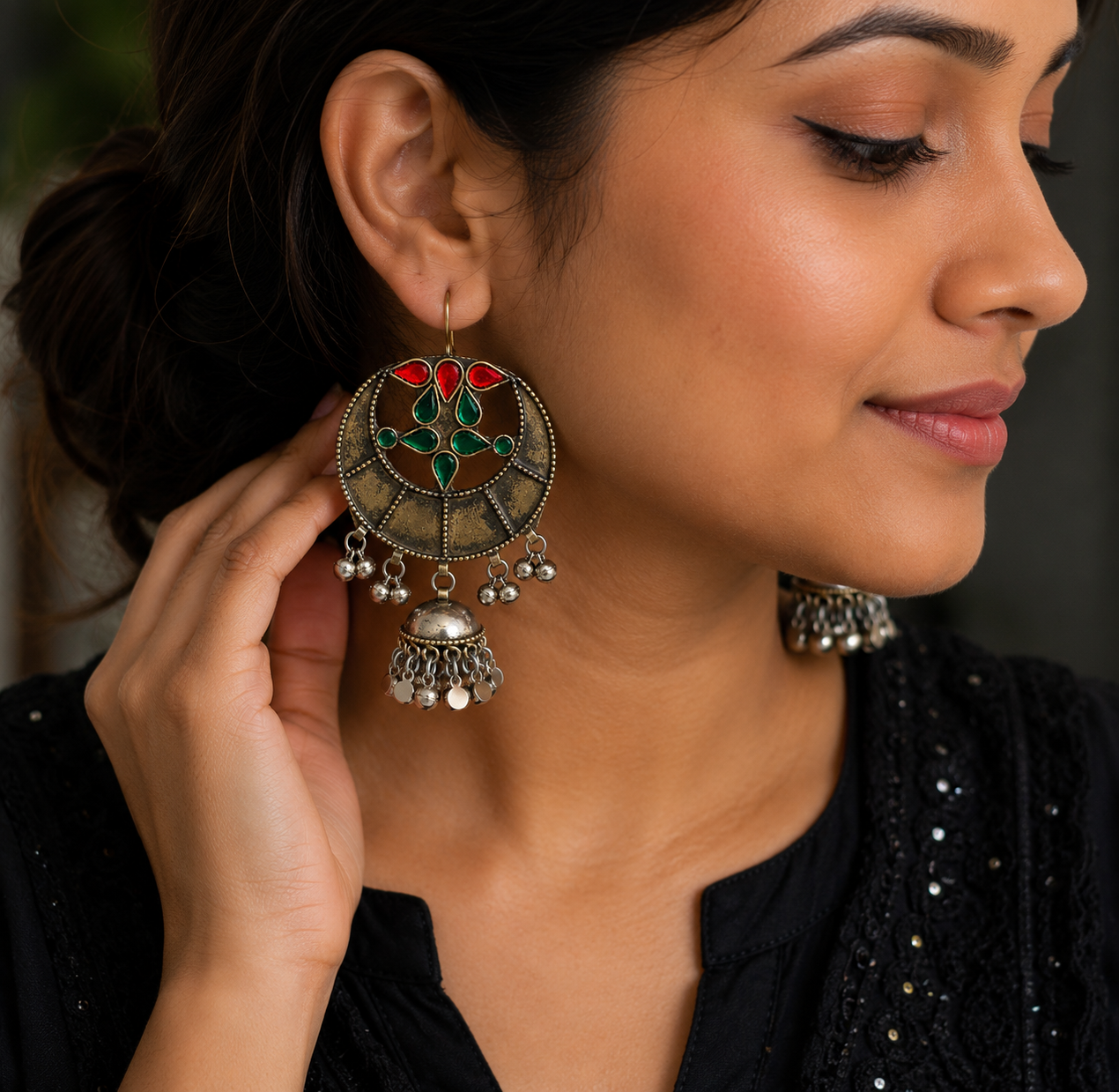 Vintage Afghani Jhumka Earrings: Crescent Shape German Silver