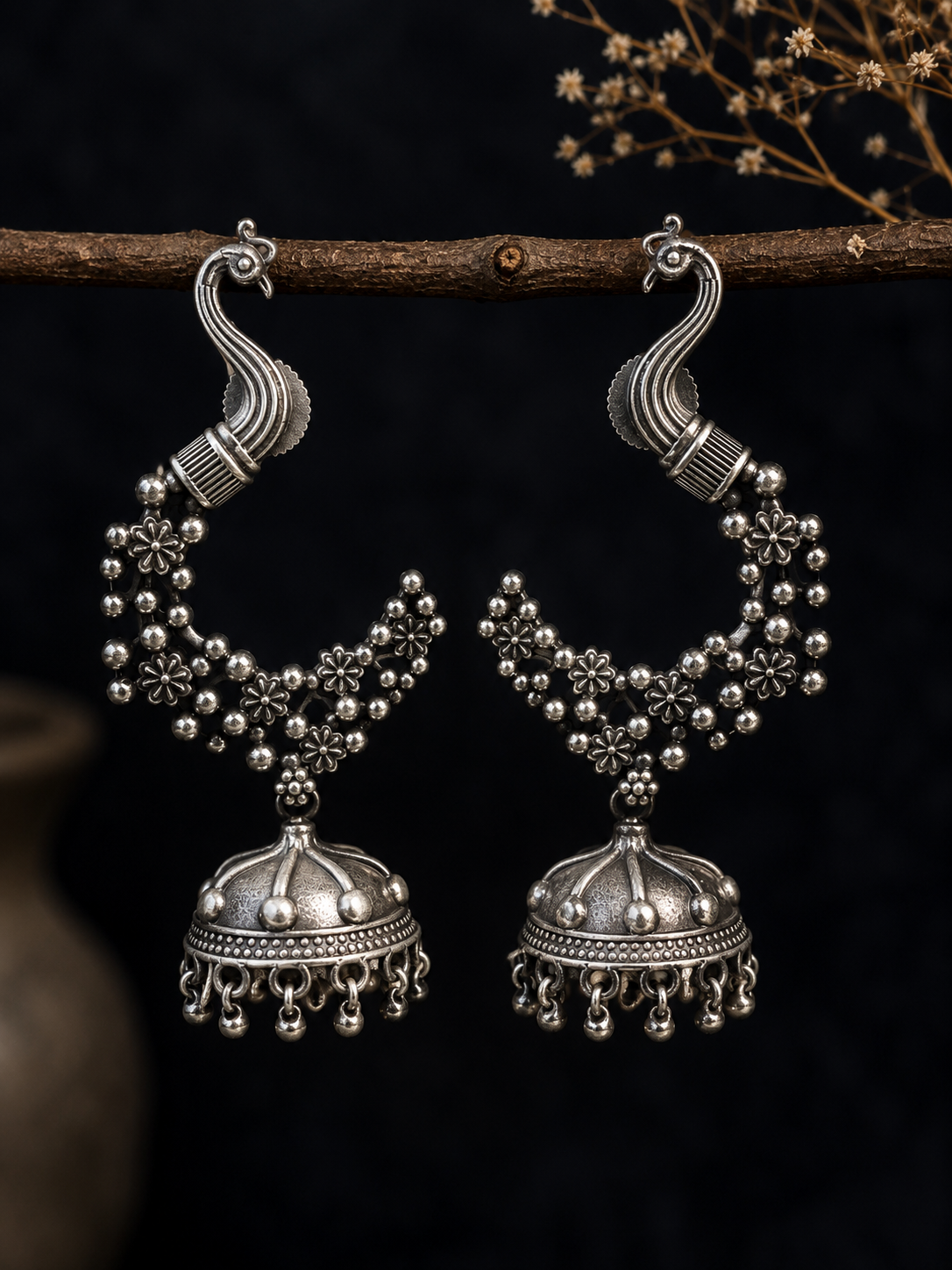 Peacock Jhumka Earrings with Ear Chains: German Silver Ethnic Jewelry