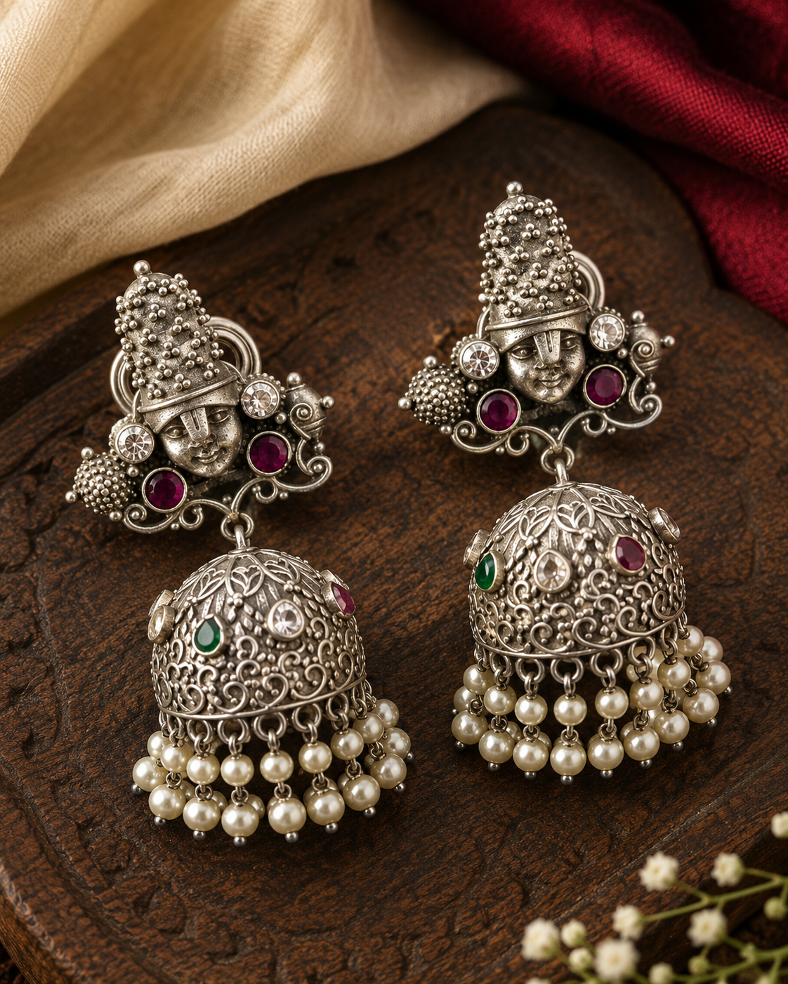 Vishnu Silver Earrings: Pearl Jhumka, Indian God Jewelry