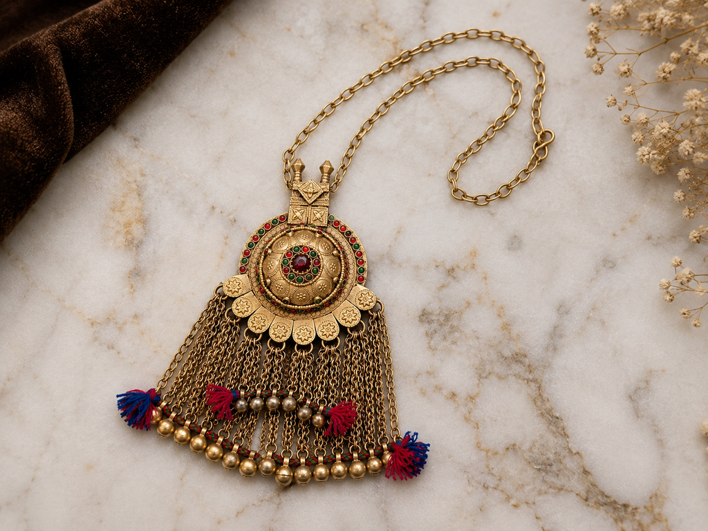 Vintage Afghan Tribal Tassel Pendant Necklace – Antique Gold Boho Ethnic Statement Jewelry for Women