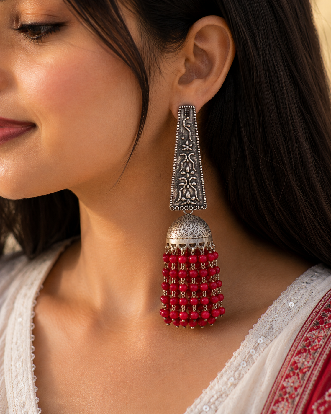 Oxidized Jhumki Earrings: Silver Look, Red Bead Tassels