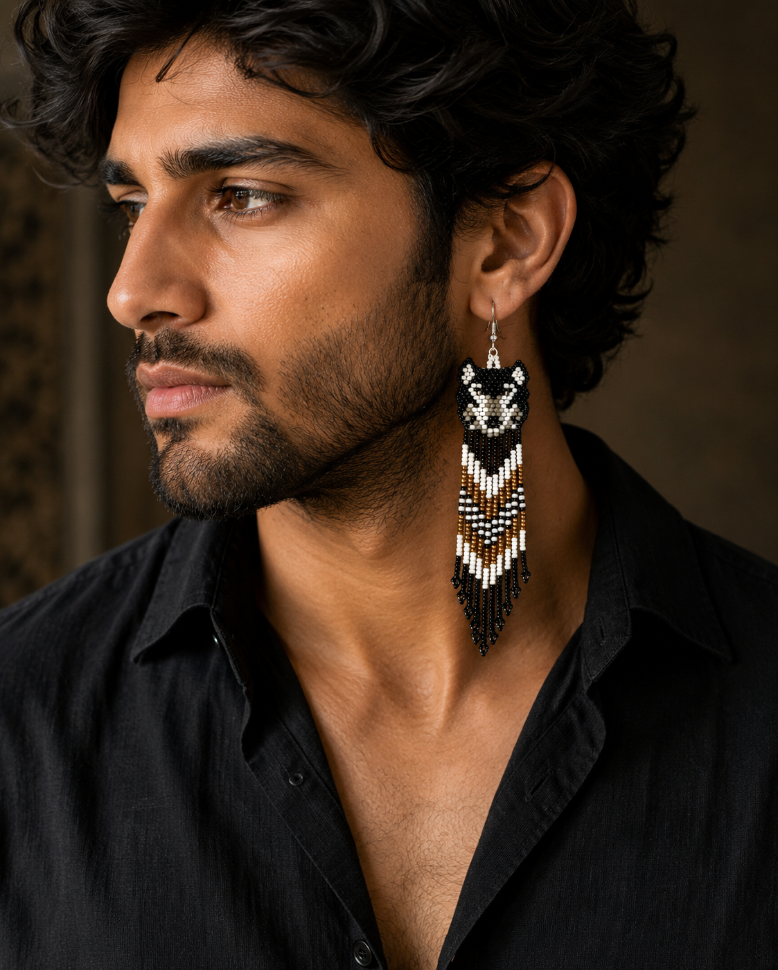 Handmade Wolf Beaded Fringe Earrings: Native Style Statement