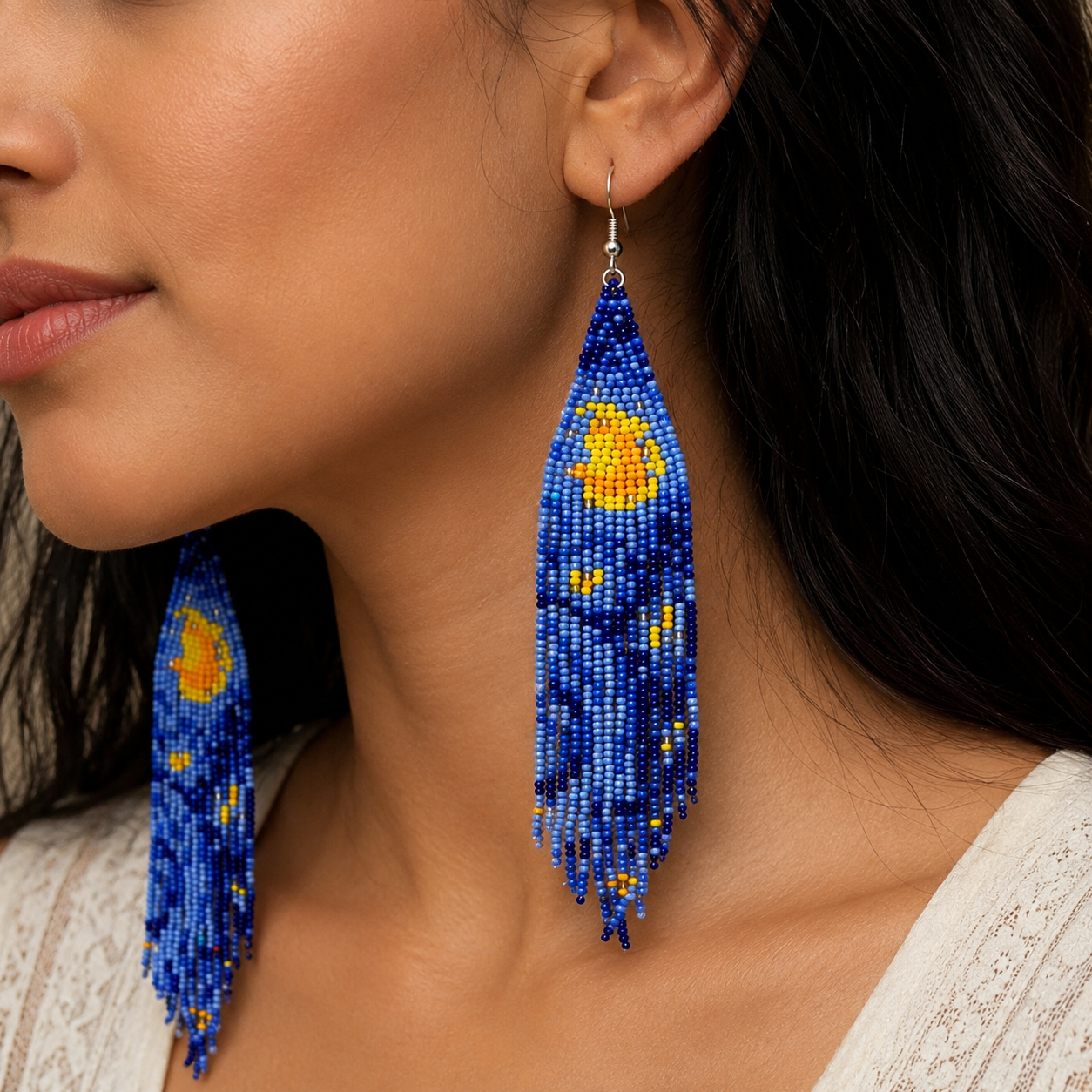 Long Fringe Crescent Beaded Earrings