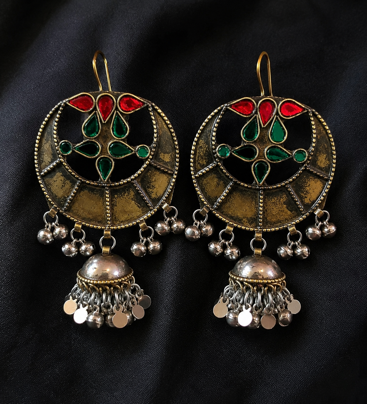 Vintage Afghani Jhumka Earrings: Crescent Shape German Silver