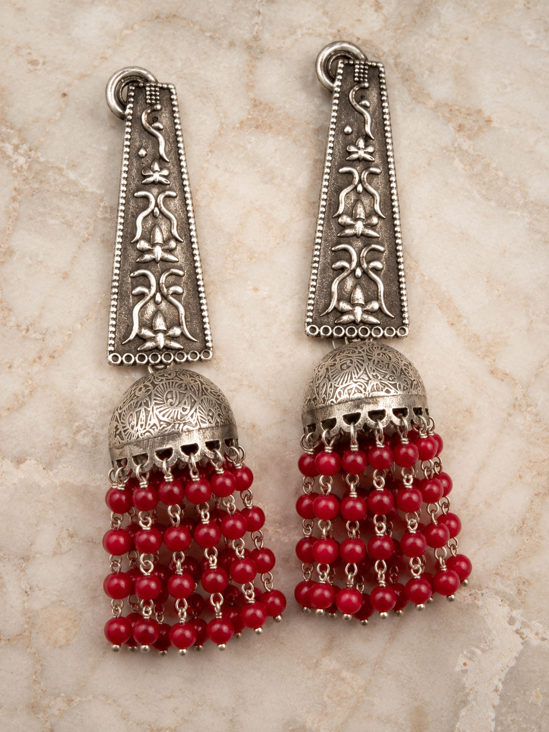 Oxidized Jhumki Earrings: Silver Look, Red Bead Tassels
