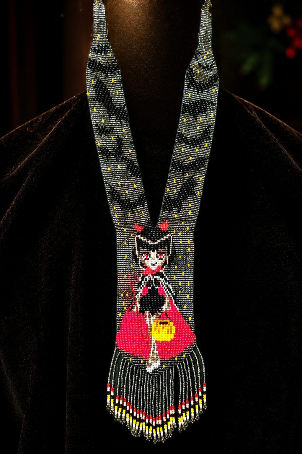 Handmade Beaded Halloween Necklace: Bat & Costume Girl Motif