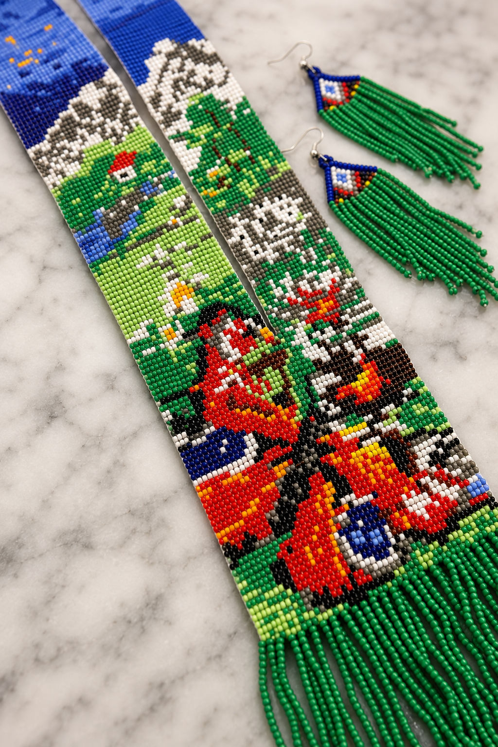 Handmade Mountain Landscape Beaded Necklace & Tassel Earrings Set
