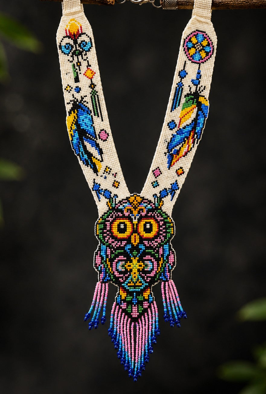 Handmade Beaded Owl Necklace: Long Statement Jewelry
